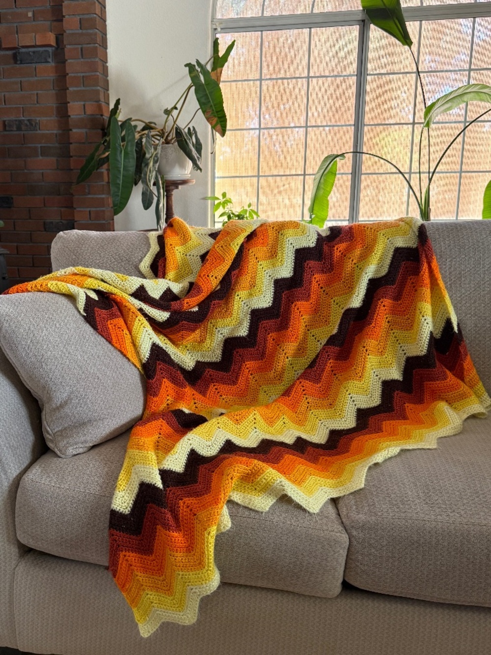 Vintage Handmade Crochet Afghan Blanket Sunset Earth Tone Chevron Zig Zag Large